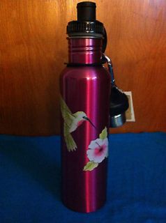   STAINLESS STEEL pink water bottle with hummingbird design/ 2 caps