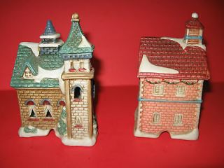 Miniature Ceramic Christmas Village Square Church and Fire House