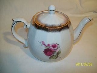 vintage white teapot deep pink roses heatmaster england time left