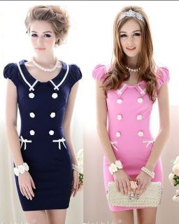   office elegant woman double breasted bud buttons sweet dress pink/blue