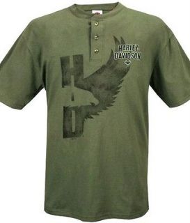   Davidso​n Mens H D Eagle Side Wing Green Short Sleeve Henley T Shirt