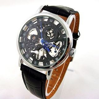 Mens Hotsell Mechanical Wrist Watch Black Skeleton Dial Leather Strap