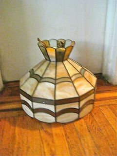 Retro chic 1970s stained slag glass brass Tiffany style hanging lamp