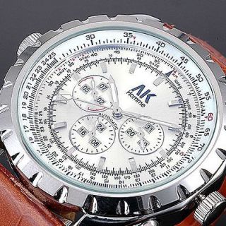   Mens Luxury Genuine Brown Leather Automatic mechanical wrist watch