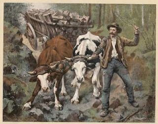 Ox Cart; Load of Wood on Mountain Trail 1893 Typogravure Honore Louis 