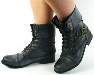 TRENDY LACE UP LADIES WOMANS VINTAGE MILITARY ARMY BOOTS FLAT GREY 