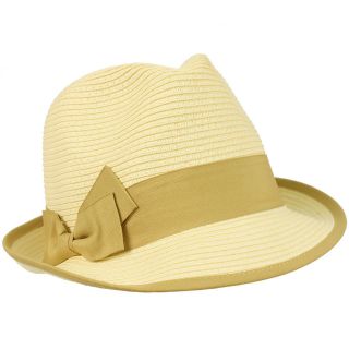   Ribbon Bow Beach Summer Fedora Trilby Crusher Sun Cap Hat Ivory Khaki