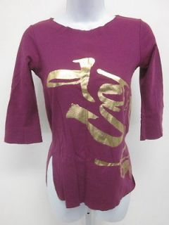 AGNES B Purple Knit Gold Tone Design 3/4 Sleeve Boat Neck T Shirt Top 