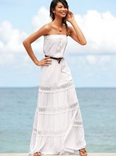 VICTORIAS SECRET White Strapless Gauze Lace Maxi Dress NEW