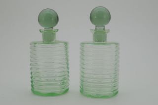 Pair Old Apothecary or Scent Bottles Vaseline Glass with Stoppers