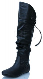 Womens Slouchy Leather Over the Knee Black Flat Boots Letta