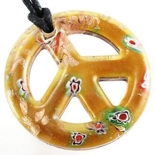 Round Green Peace Sign Flower Power Lampwork Murano Art Glass Pendant 