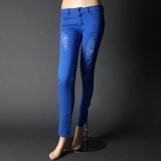 New Royal Blue Bright Fashion Designer Distressed Skinny Stretch Jean 