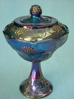 blue carnival glass candy dish w lid grapes leaves 10