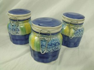   Hand Painted Blue Ceramic Empty Candle Jar with Clasp Closure WOW