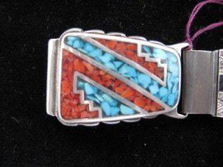 Native American Zuni Sterling Silver/Turquoi​se/Red Coral Chip Inlay 