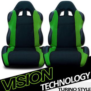2x Universal LH+RH Blk/Green Fabric & PVC Leather Racing Seats+Sliders 