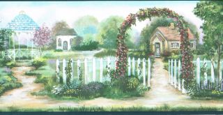 Sweet  Country Home Gazebo Trellis White Picket Fence Wallpaper 