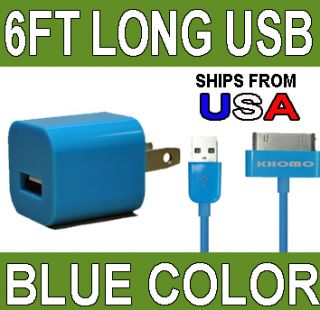 Blue AC Wall Charger Adapter 6 ft Long USB Cable Cord for Apple iPhone 