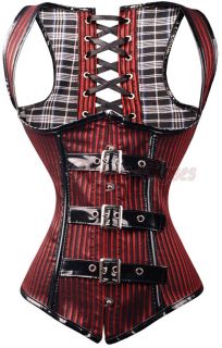 Goth Red Black Underbust PVC Buckles Corset Bustier Lace Up Overlay s 