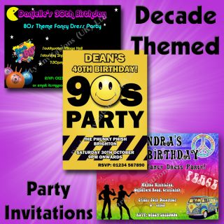 Personalised Decade Themed Birthday Hen Party Invitations 50s 60s 70s 