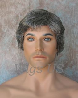 MENS WIGS Short layers left side skin part Charcoal Gray wig