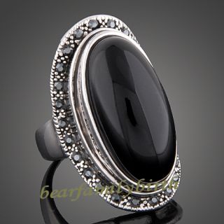 18k white gold GP black Swarovski crystal &agate big cocktail ring 