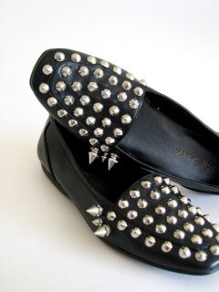 Avant Garde 80s Silver Spike Studded Black Faux Leather Loafer Slip On 
