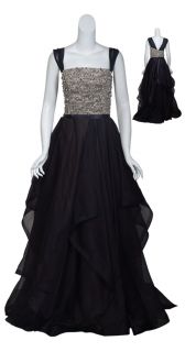 Reem Acra Dramatic Black Rhinestone Bustier Tiered Silk Gown Eve Dress 
