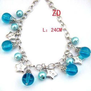   Blue Glass Pearl Beads Star Link Charm Bracelet Fashion Jewelry