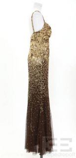 Reem Acra Brown Tulle Gold Sequin Long Dress Size 6
