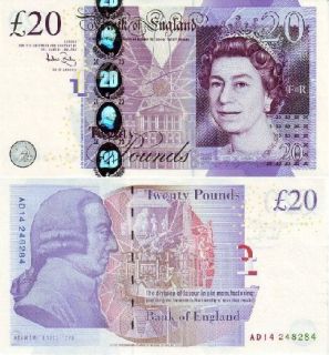 Great Britain 20 Pounds P 392 UNC Note Elizabeth II 2007