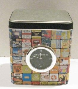 fossil vintage tin knick knack desk clock watch blk nwt