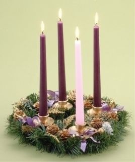 Golden Pine Cone And Purple Ribboned Christmas Advent Wreath