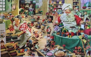 Vintage Santas Christmas Workshop Elves Misses Baking