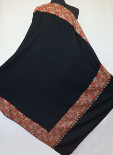 Large Crewel Embroidered Shawl. Tan & Coral Embroidery on Black Wool 