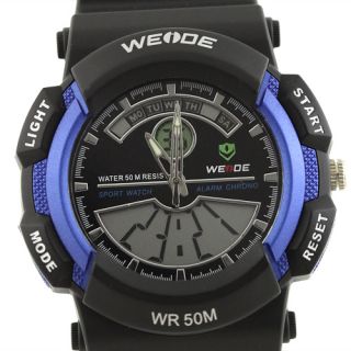   Blue Black Digit Analog Dual Time Date Alarm Sports Watch Light Rubber