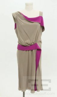 Alberta Ferretti Taupe & Fuschia Silk Crepe de Chine Asymmetric Dress 