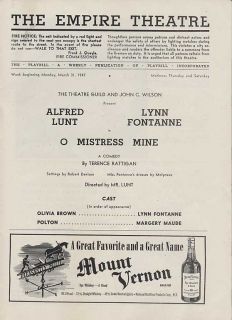 Playbill 1947 Empire Theatre Alfred Lunt Lynn Fontanne O Mistress 