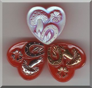 Czech Glass Buttons Hearts Lucky 4 Leaf Clover Reds
