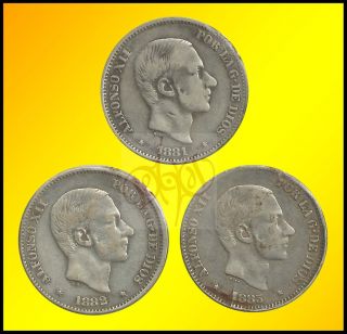   50 Centimos de Peso 1881 1983 Alfonso XII Silver Coin Set 3pcs