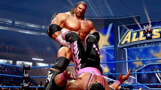 Triple H setting Brett Hart up for a submission in WWE All Stars