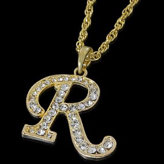 ALPHABET INITIAL LETTER R GOLD PLATED CLEAR CRYSTAL PENDANT CHARM 