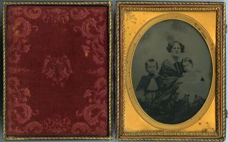 Half Plate Ambrotype, Touching Pose of Mother & Her Two Children 
