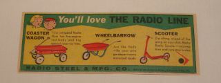 small 1961 RADIO FLYER cartoon ad ~ Coaster Wagon, Wheelbarrow 