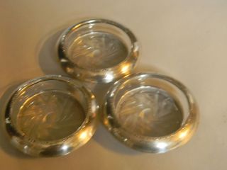 Antique Amston Sterling Silver Glass 3 Bottle Coasters