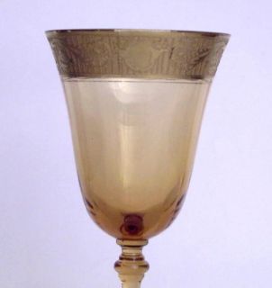 Wine Glass Goblet Amber Spindle Stem Gold Trim Depression