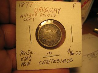 1877 10CENT SILVER COIN, URUGUAY, ANCHOR POINTS LEFT SUPERB