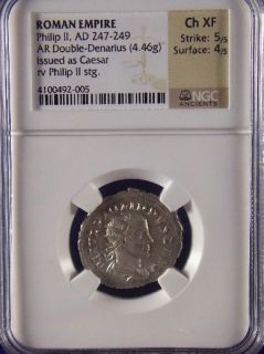 Ancient Roman coin of Phillip II Silver Double Denarius NGC Ch XF