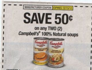 20 Coupons $ 50 2 Campbells 100 Natural Soups 12 15
